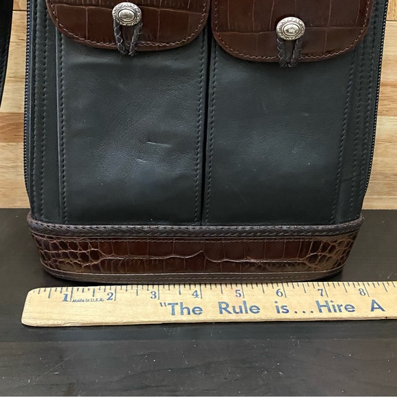Vintage BRIGHTON Black Croc Leather Trims Two-Flap Front Pockets Shoulder Bag - Picture 10 of 16